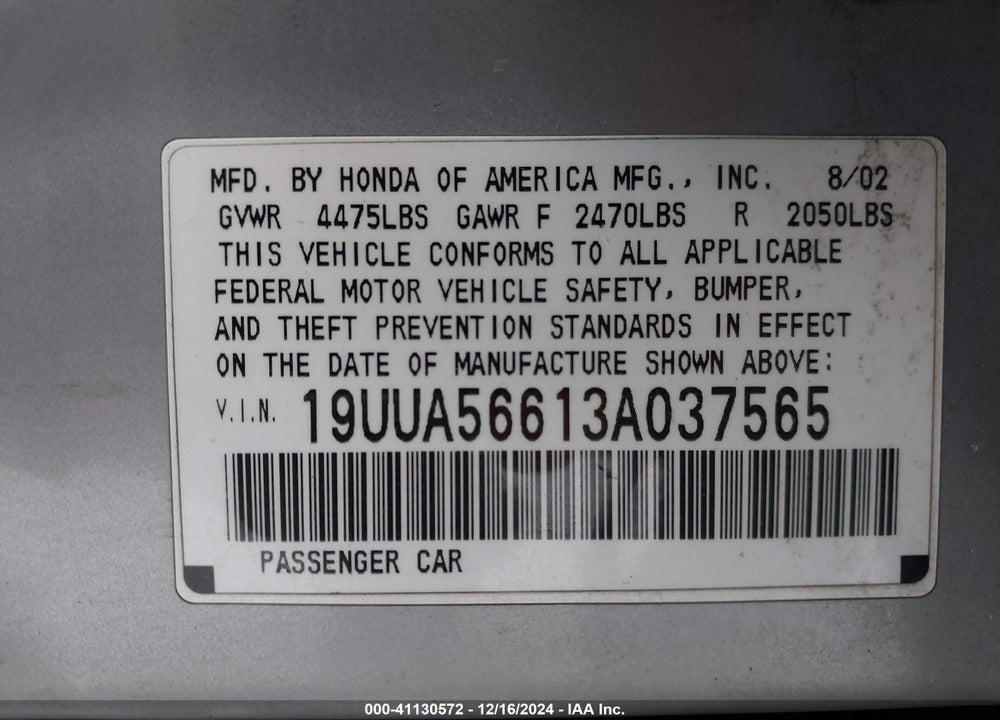 2003 ACURA TL 3.2 VIN: 19UUA56613A037565