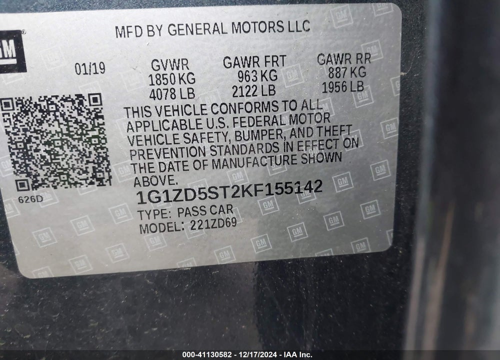 2019 CHEVROLET MALIBU LT VIN: 1G1ZD5ST2KF155142