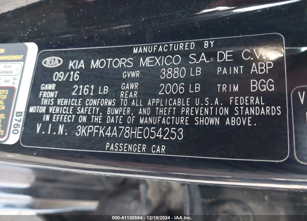 2017 KIA FORTE VIN: 3KPFK4A78HE054253