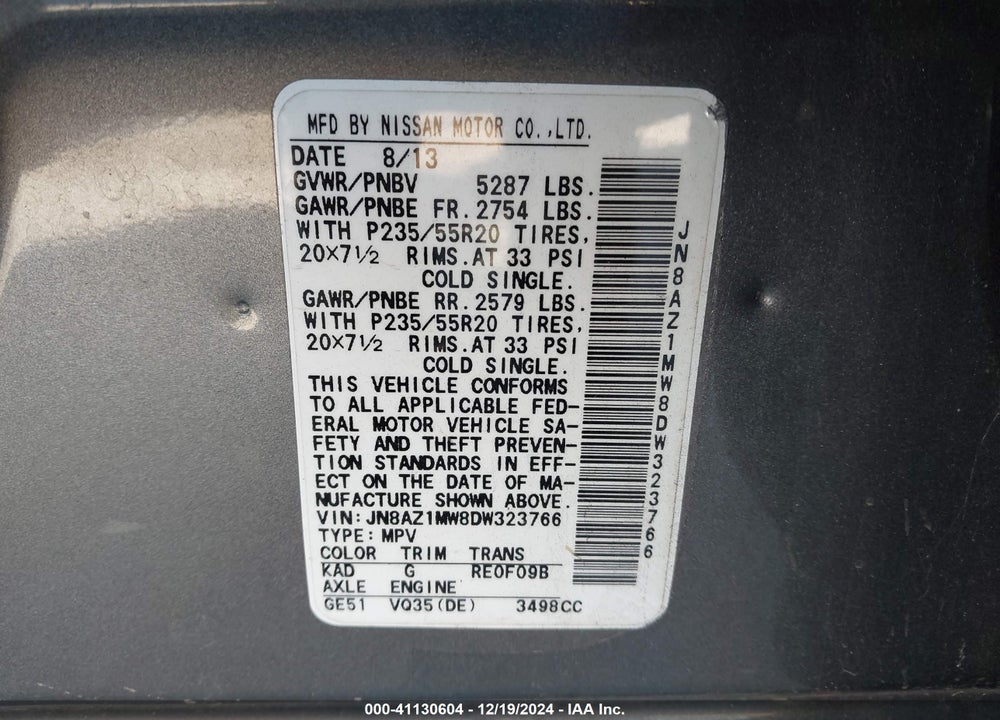 2013 NISSAN MURANO LE VIN: JN8AZ1MW8DW323766