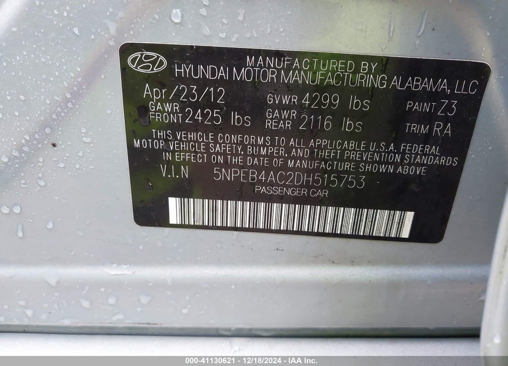 2013 HYUNDAI SONATA GLS VIN: 5NPEB4AC2DH515753