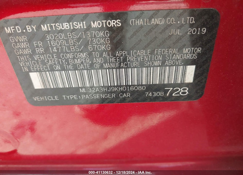 2019 MITSUBISHI MIRAGE RF VIN: ML32A3HJ9KH016080