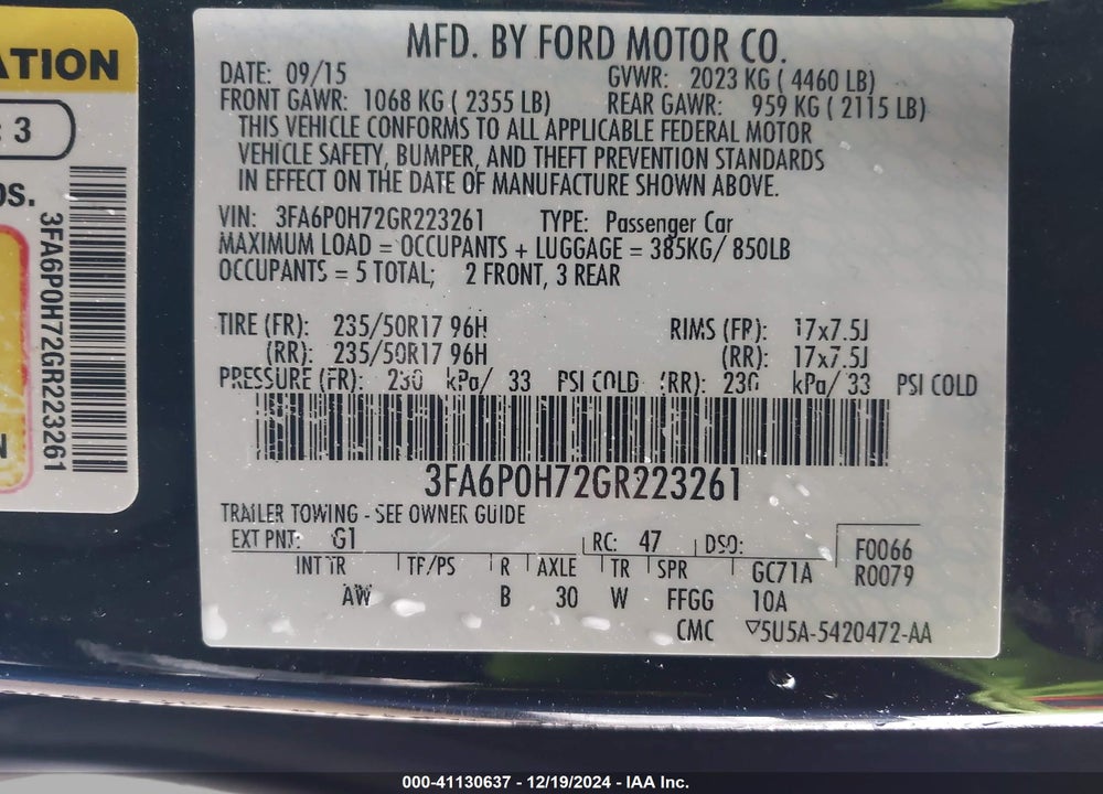 2016 FORD FUSION SE VIN: 3FA6P0H72GR223261