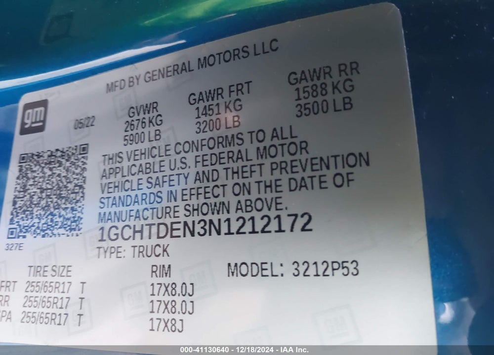 2022 CHEVROLET COLORADO VIN: 1GCHTDEN3N1212172