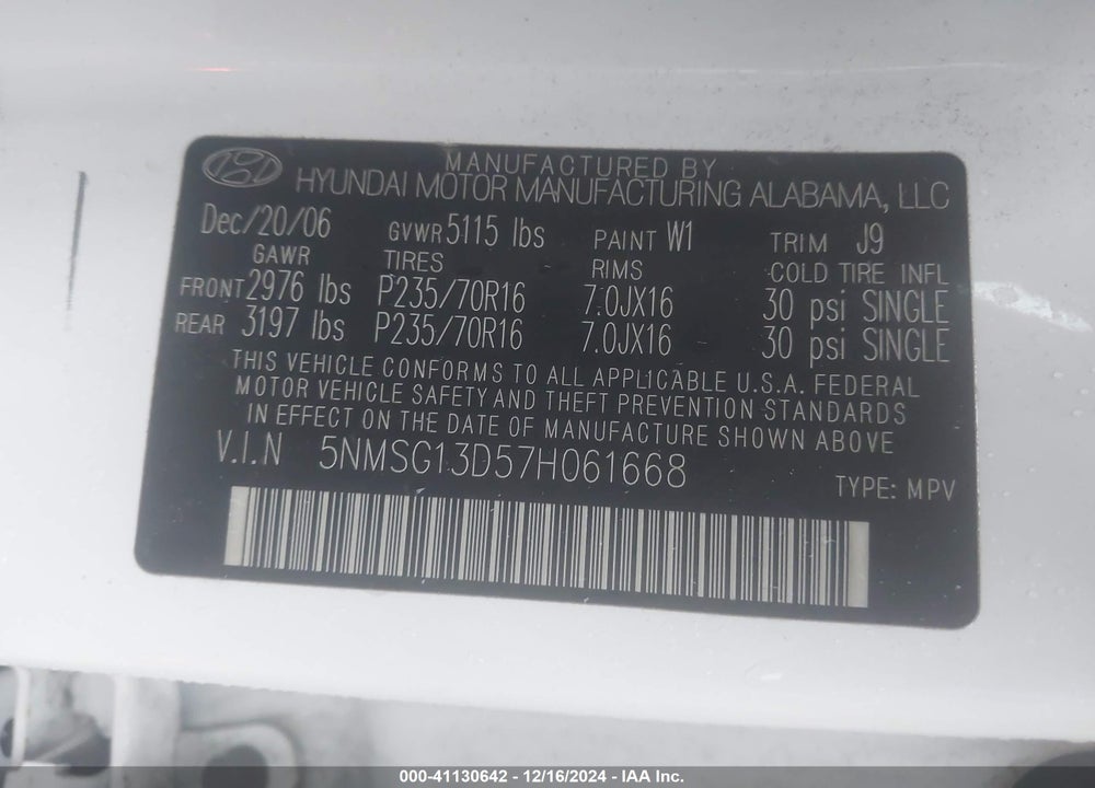 2007 HYUNDAI SANTA FE GLS VIN: 5NMSG13D57H061668