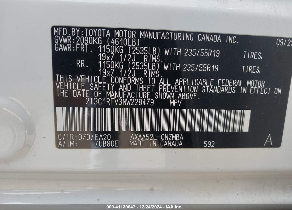 2022 TOYOTA RAV4 XLE PREMIUM VIN: 2T3C1RFV3NW228479