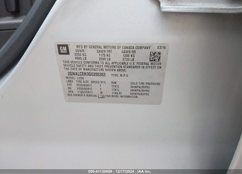2016 CHEVROLET EQUINOX LT VIN: 2GNALCEK0G6285363