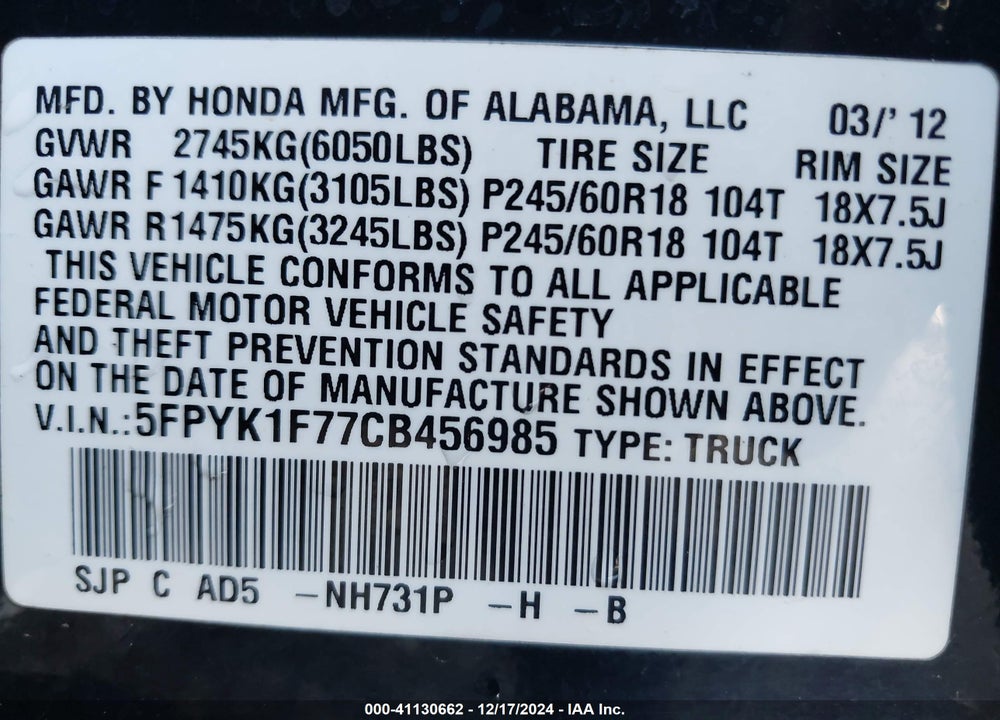 2012 HONDA RIDGELINE SPORT VIN: 5FPYK1F77CB456985