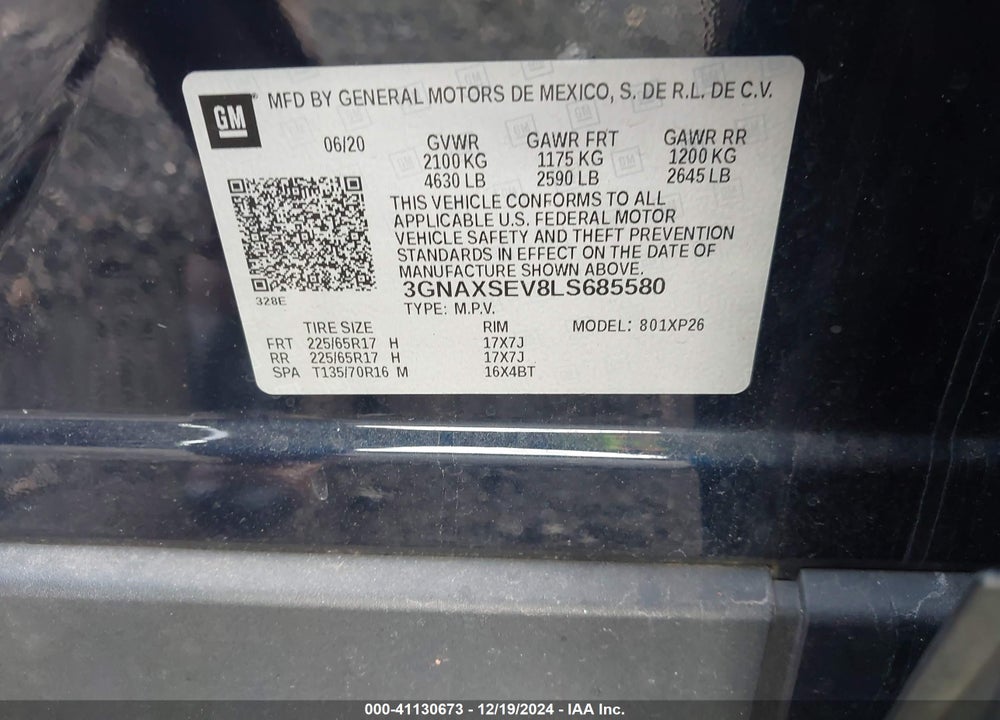 2020 CHEVROLET EQUINOX AWD LS VIN: 3GNAXSEV8LS685580