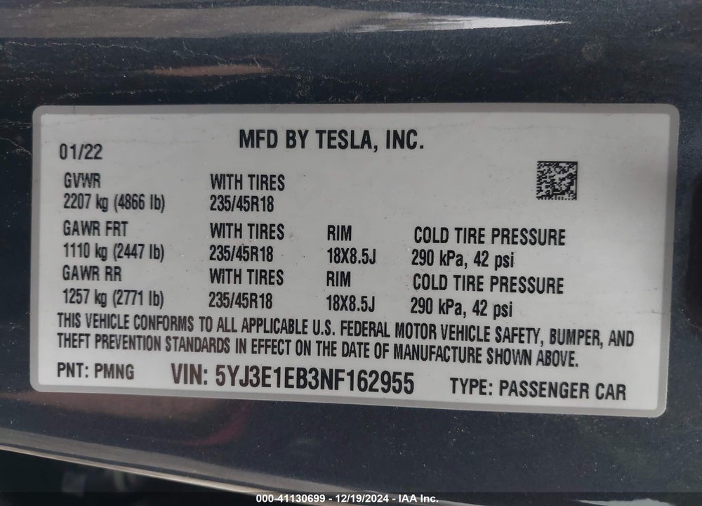 2022 TESLA MODEL 3 LONG RANGE DUAL MOTOR ALL-WHEEL DRIVE VIN: 5YJ3E1EB3NF162955