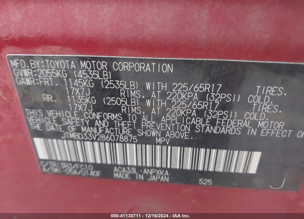 2008 TOYOTA RAV4 VIN: JTMBD33V286078875