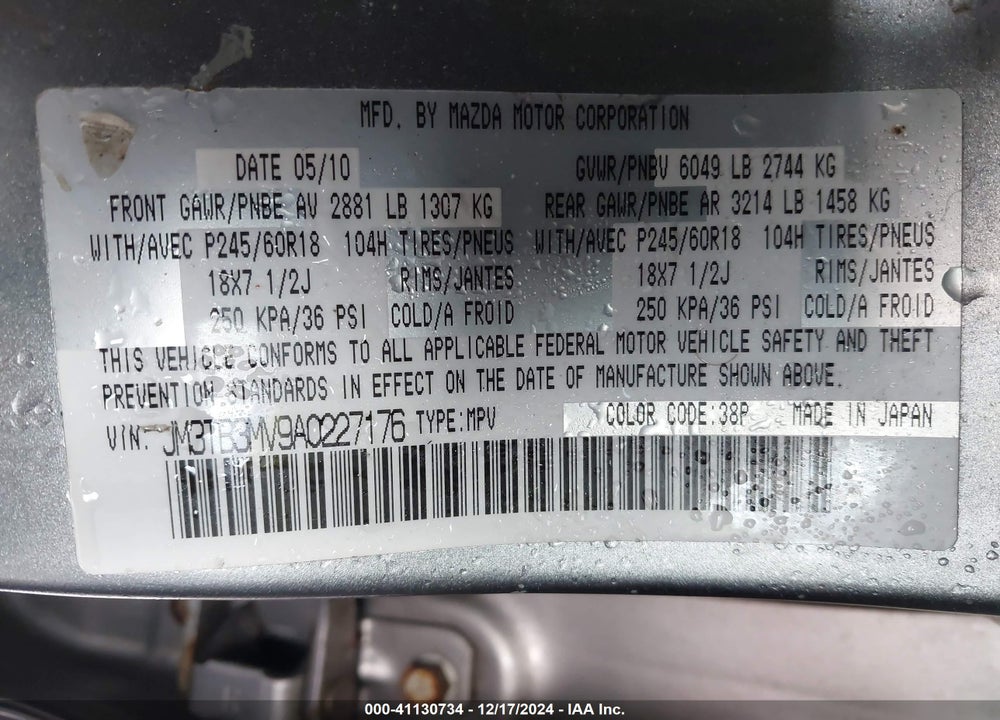 2010 MAZDA CX-9 TOURING VIN: JM3TB3MV9A0227176