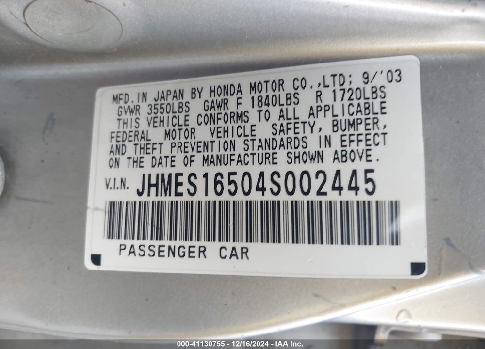 2004 HONDA CIVIC LX VIN: JHMES16504S002445