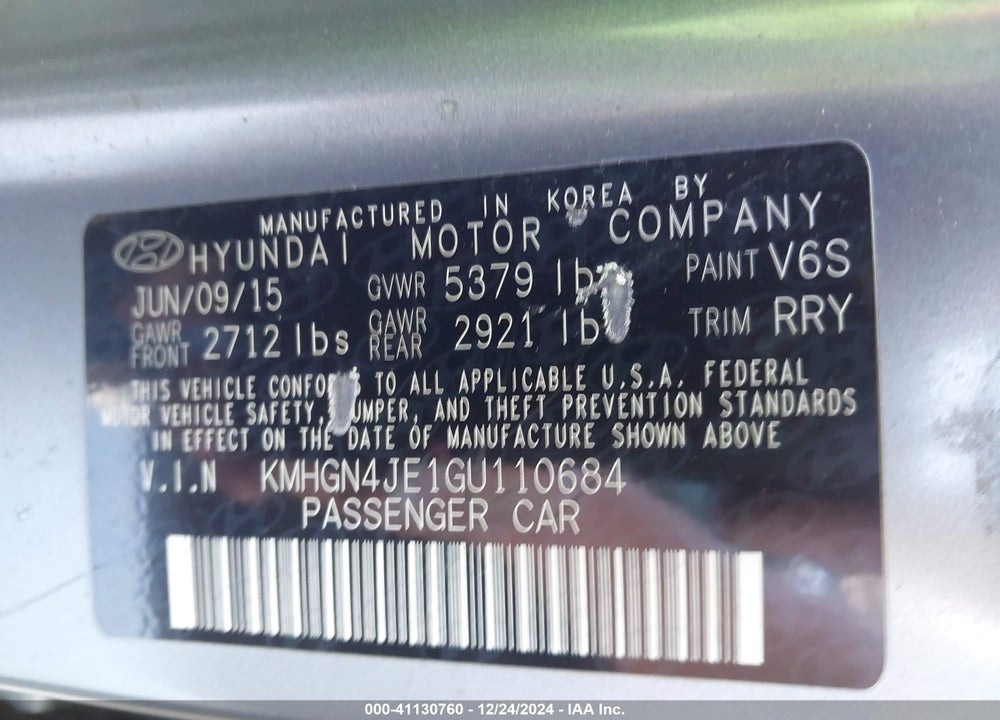 2016 HYUNDAI GENESIS VIN: KMHGN4JE1GU110684