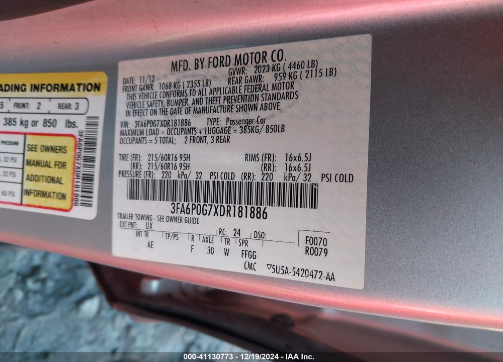 2013 FORD FUSION S VIN: 3FA6P0G7XDR181886