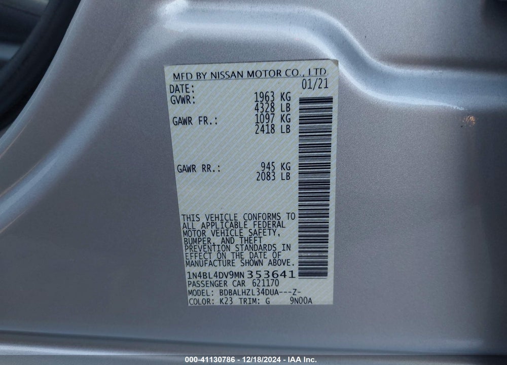 2021 NISSAN ALTIMA VIN: 1N4BL4DV9MN353641