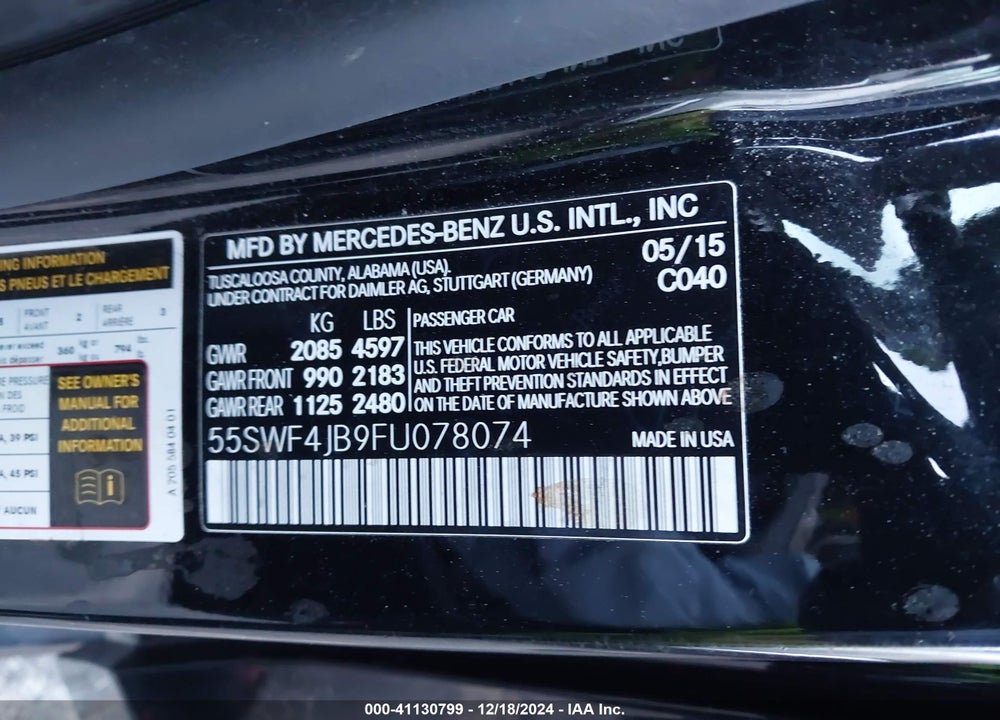 2015 MERCEDES-BENZ C 300 LUXURY/SPORT VIN: 55SWF4JB9FU078074