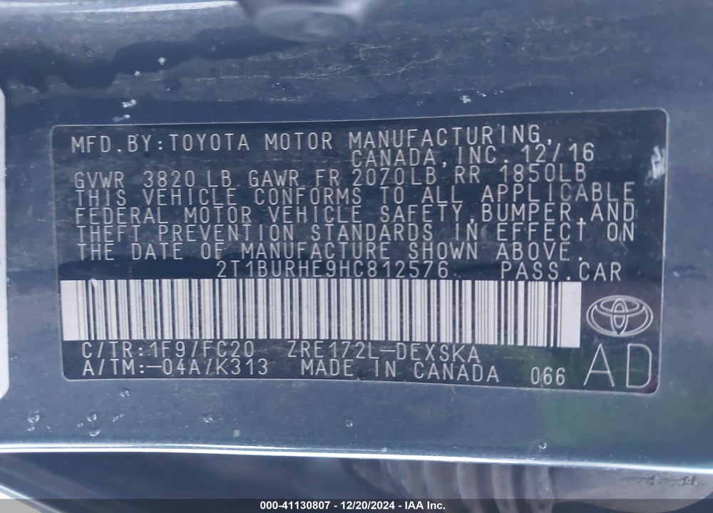 2017 TOYOTA COROLLA SE VIN: 2T1BURHE9HC812576
