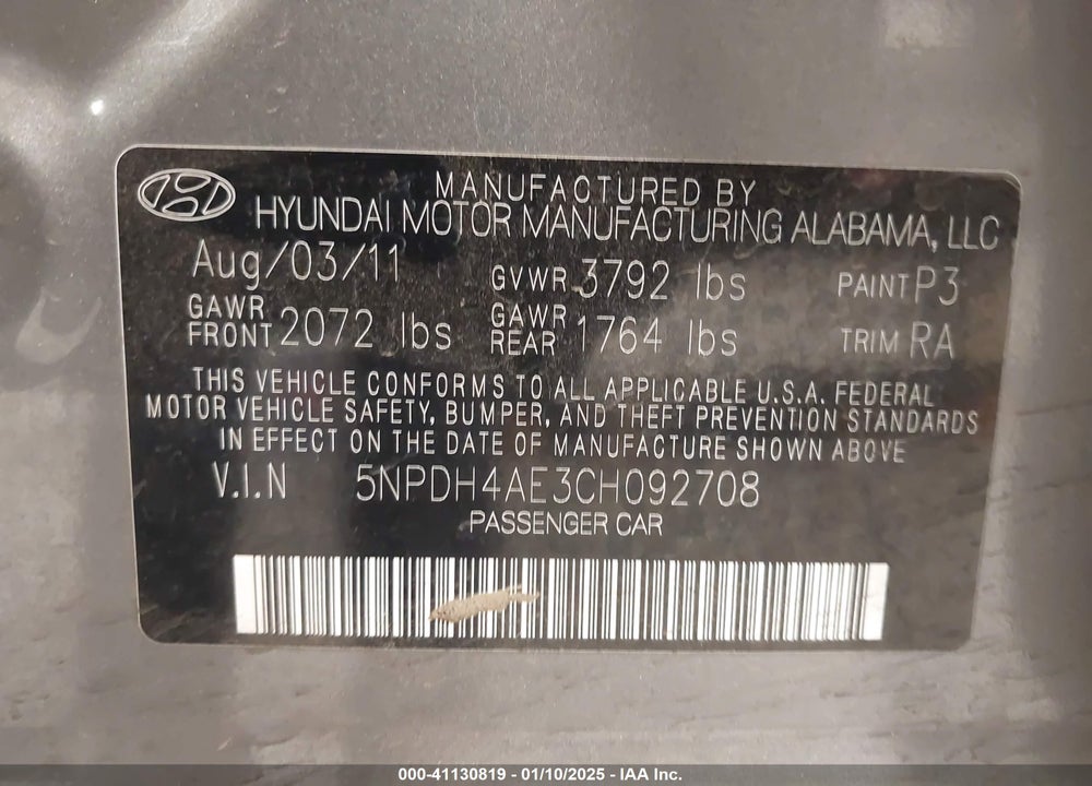 2012 HYUNDAI ELANTRA LIMITED VIN: 5NPDH4AE3CH092708