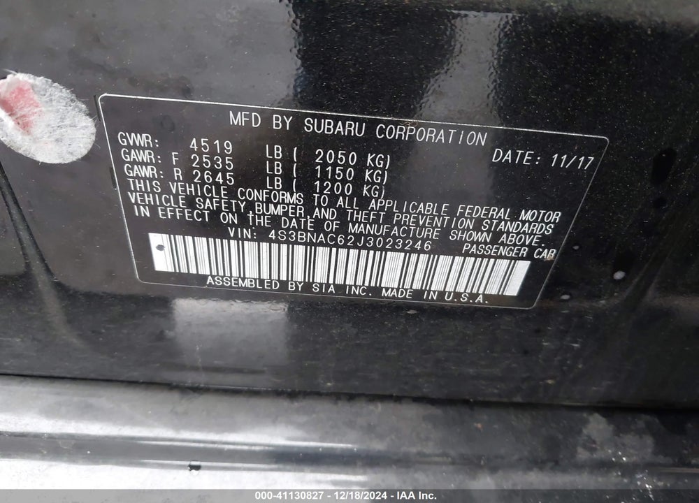 2018 SUBARU LEGACY 2.5I PREMIUM VIN: 4S3BNAC62J3023246