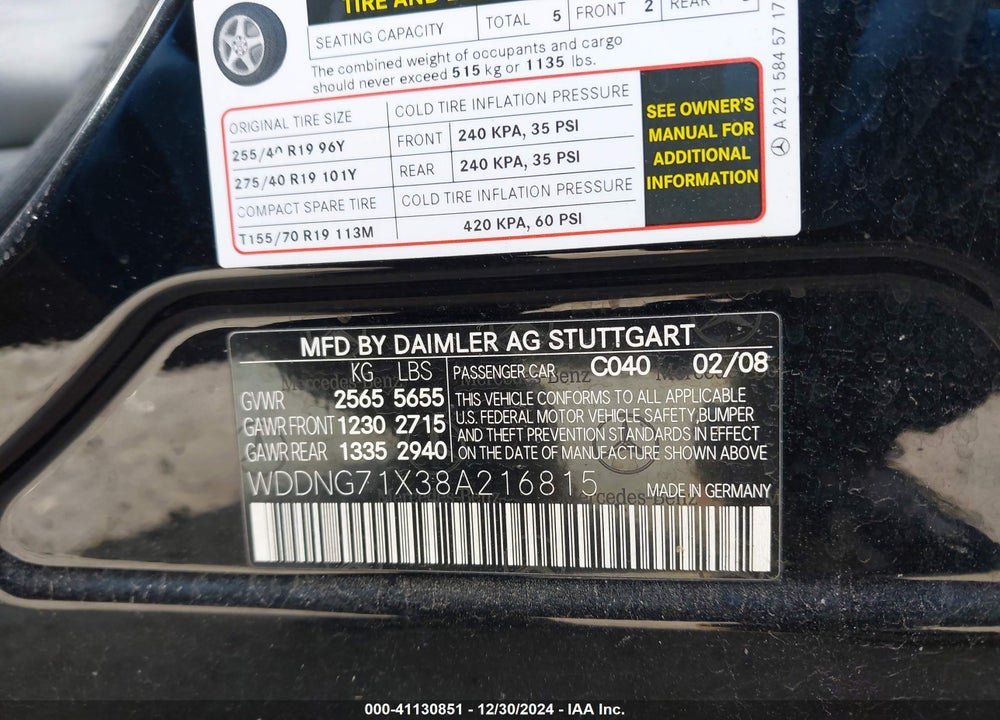 2008 MERCEDES-BENZ S 550 VIN: WDDNG71X38A216815