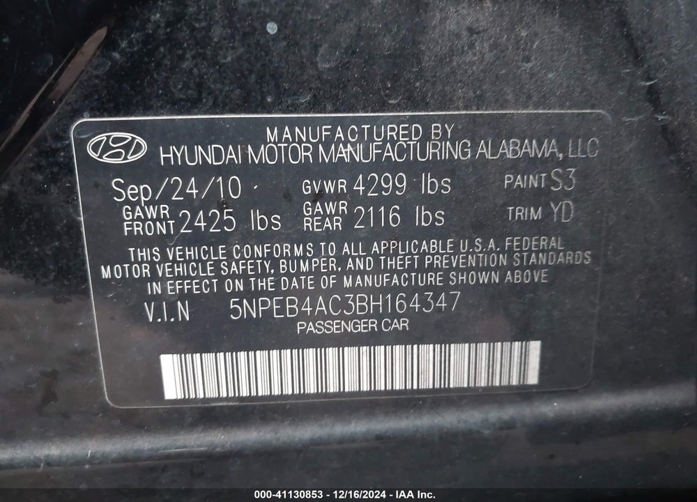 2011 HYUNDAI SONATA GLS VIN: 5NPEB4AC3BH164347