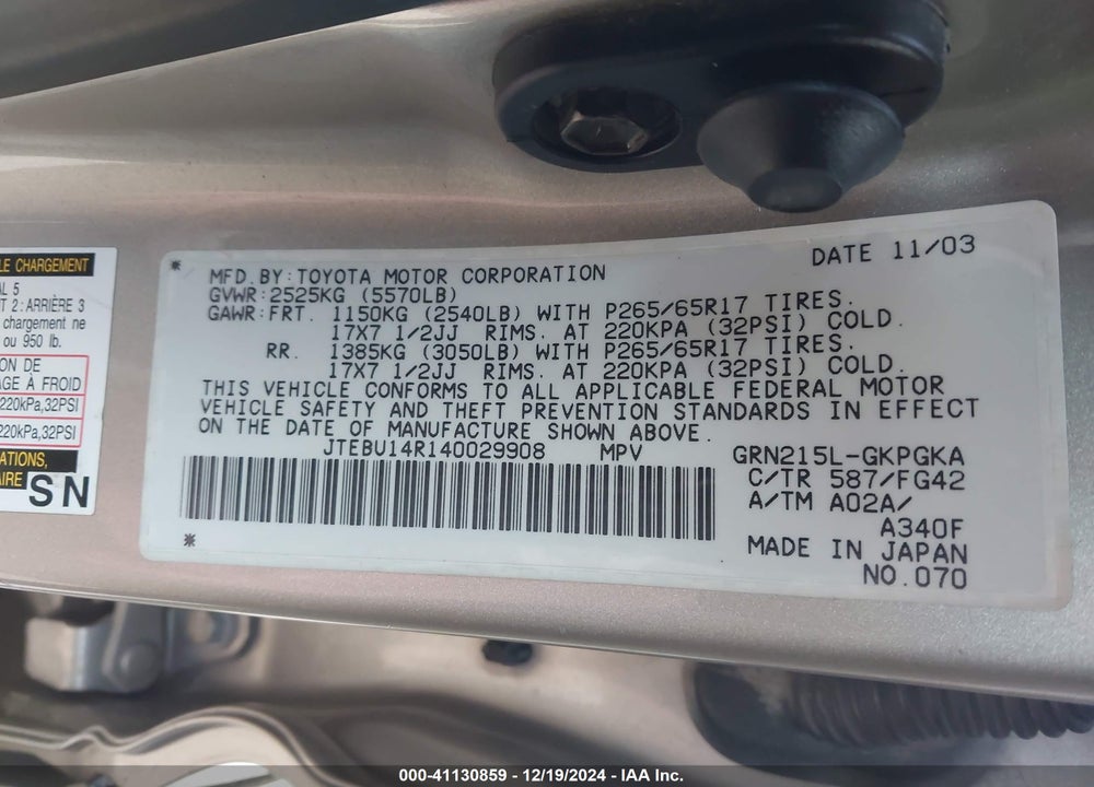 2004 TOYOTA 4RUNNER VIN: JTEBU14R140029908