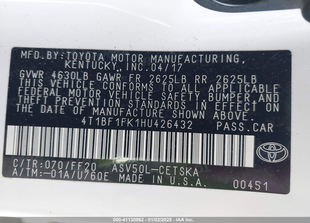 2017 TOYOTA CAMRY VIN: 4T1BF1FK1HU426432