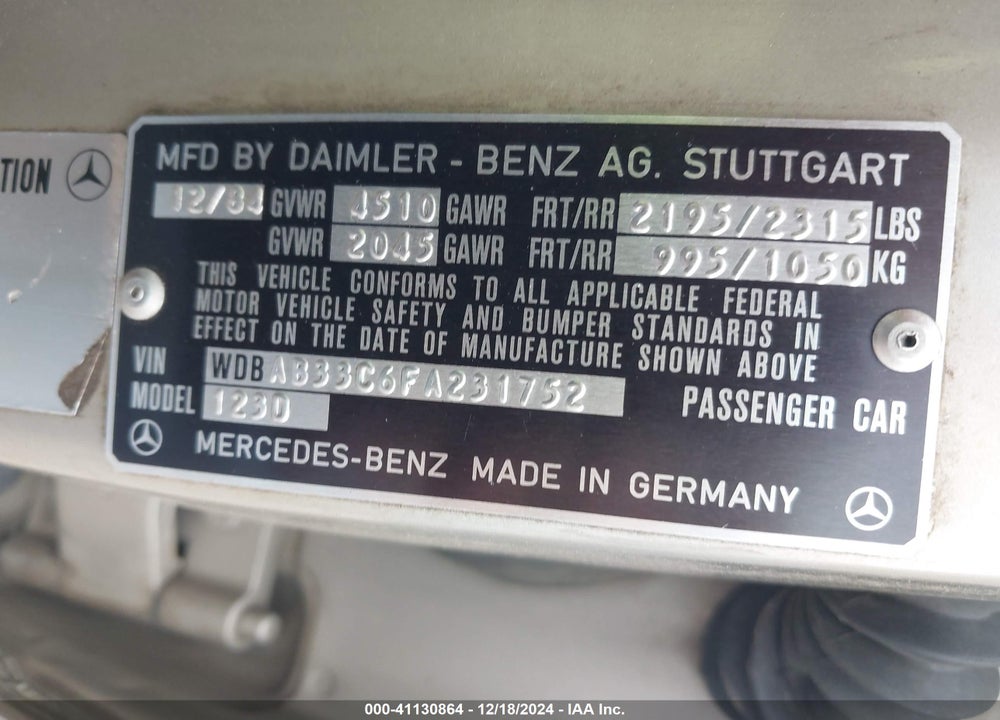 1985 MERCEDES-BENZ 300 DT VIN: WDBAB33C6FA231752