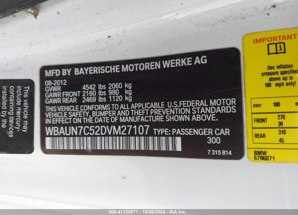 2013 BMW 135I VIN: WBAUN7C52DVM27107
