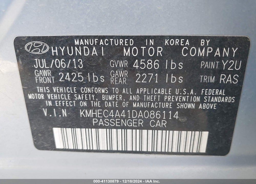 2013 HYUNDAI SONATA HYBRID VIN: KMHEC4A41DA086114