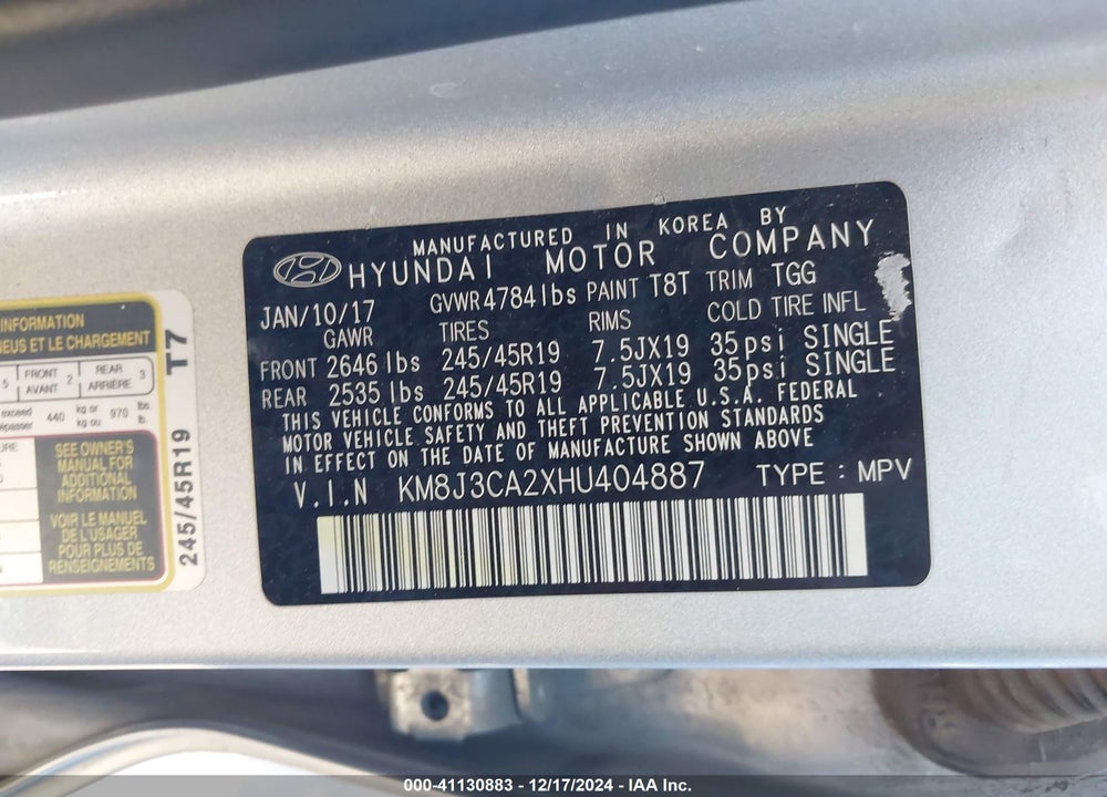 2017 HYUNDAI TUCSON SPORT VIN: KM8J3CA2XHU404887