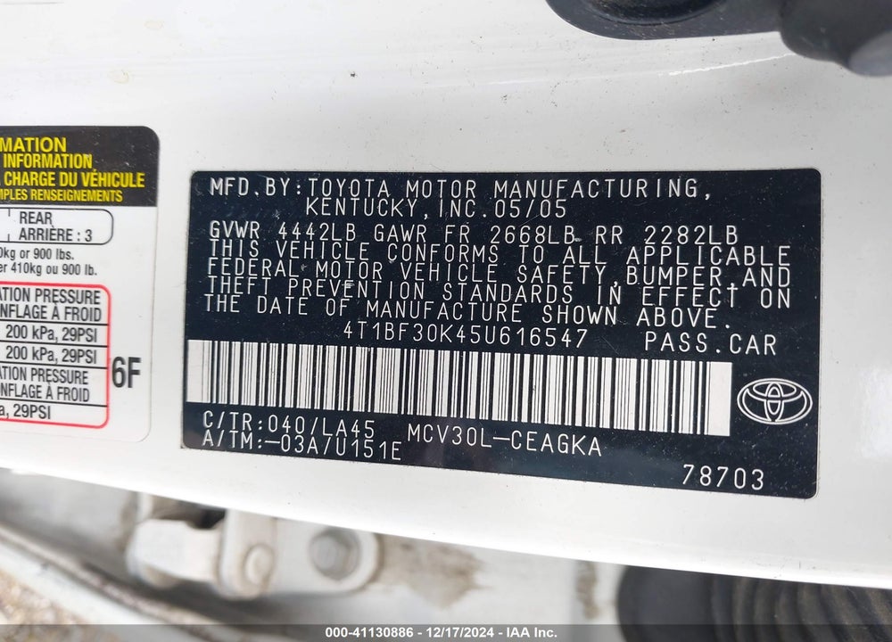 2005 TOYOTA CAMRY XLE V6 VIN: 4T1BF30K45U616547