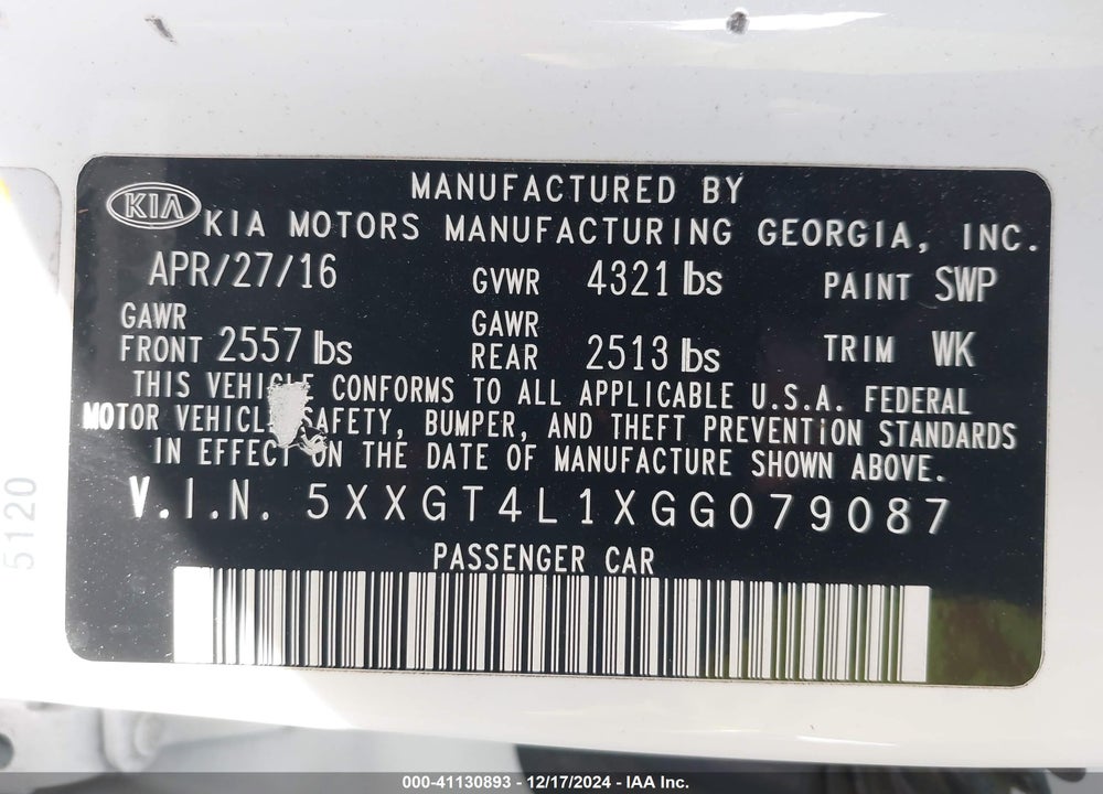 2016 KIA OPTIMA LX TURBO VIN: 5XXGT4L1XGG079087