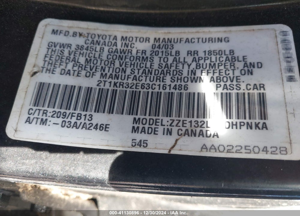 2003 TOYOTA MATRIX/XR VIN: 2T1KR32E63C161486