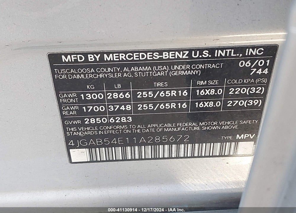2001 MERCEDES-BENZ ML 320 VIN: 4JGAB54E11A285672