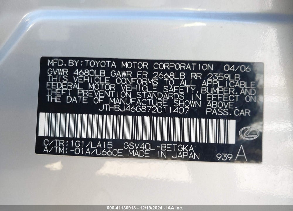 2007 LEXUS ES 350 VIN: JTHBJ46G872011407