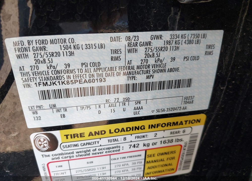 2023 FORD EXPEDITION LIMITED MAX VIN: 1FMJK1K85PEA60193