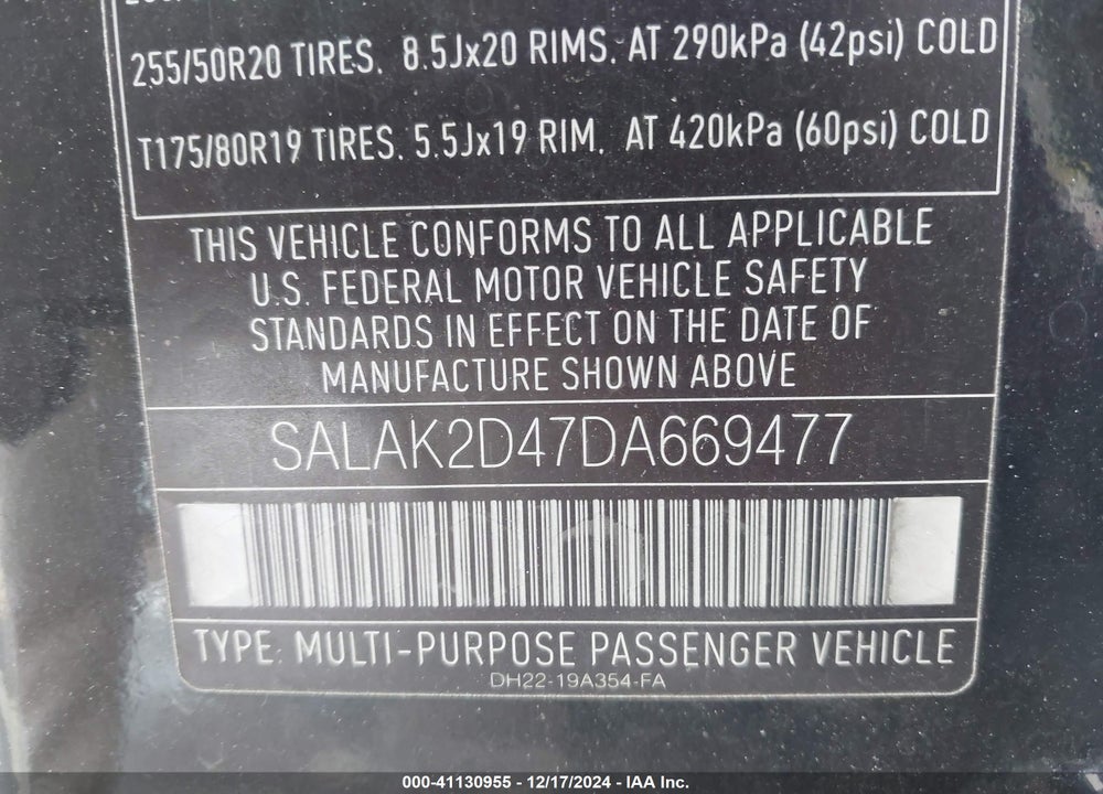 2013 LAND ROVER LR4 VIN: SALAK2D47DA669477