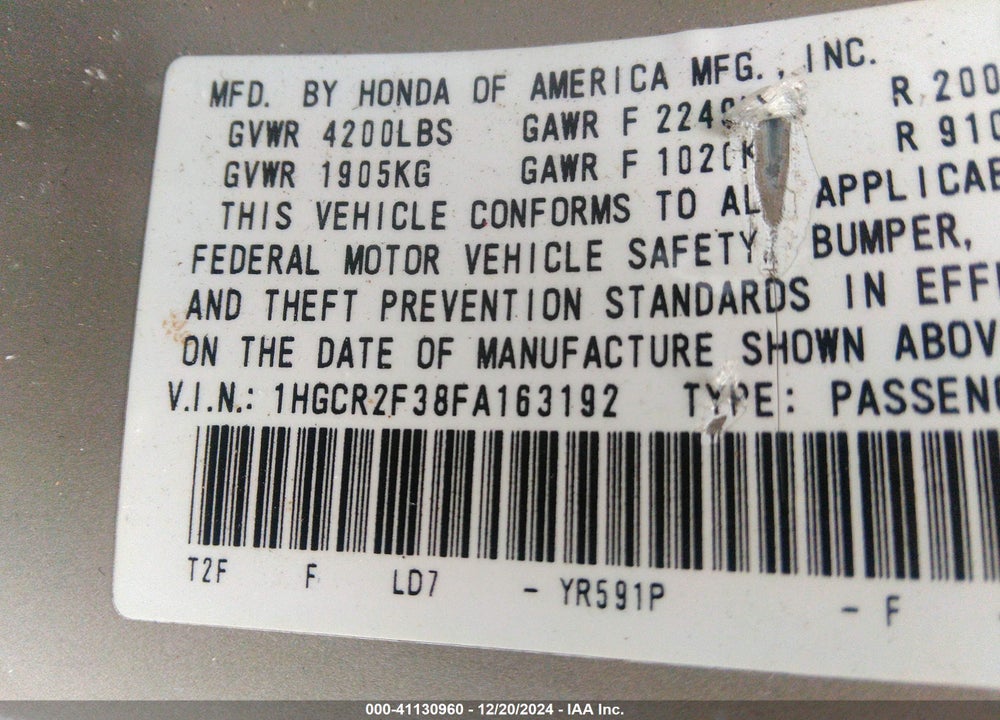 2015 HONDA ACCORD VIN: 1HGCR2F38FA163192