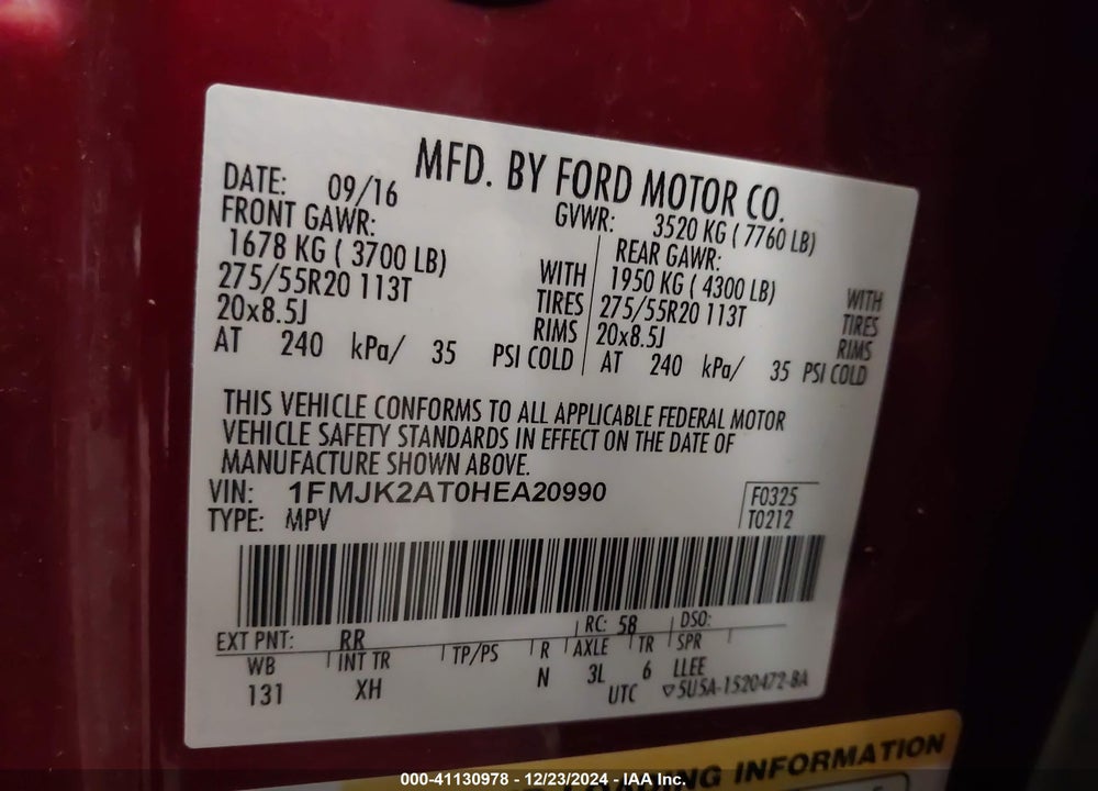 2017 FORD EXPEDITION EL LIMITED VIN: 1FMJK2AT0HEA20990