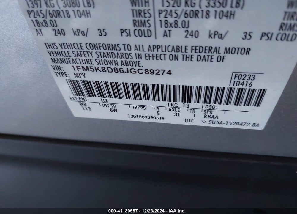 2018 FORD EXPLORER XLT VIN: 1FM5K8D86JGC89274
