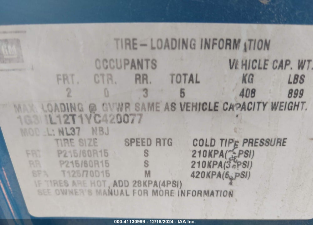 2000 OLDSMOBILE ALERO GL2 VIN: 1G3NL12T1YC420077