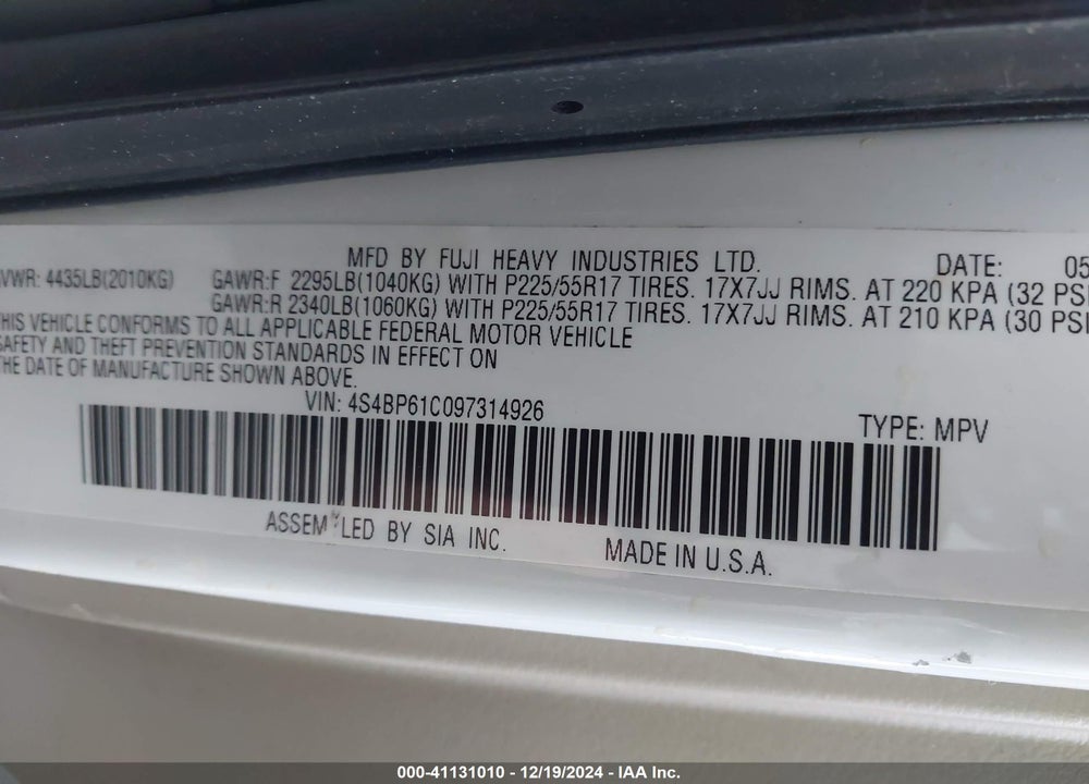 2009 SUBARU OUTBACK 2.5I VIN: 4S4BP61C097314926