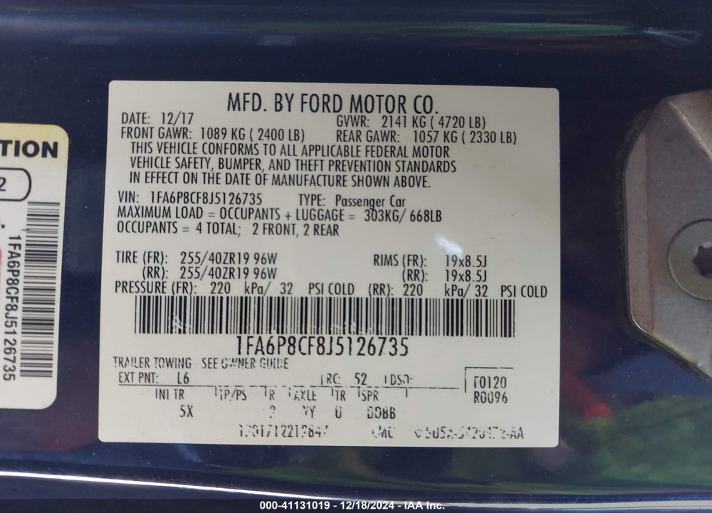 2018 FORD MUSTANG GT PREMIUM VIN: 1FA6P8CF8J5126735
