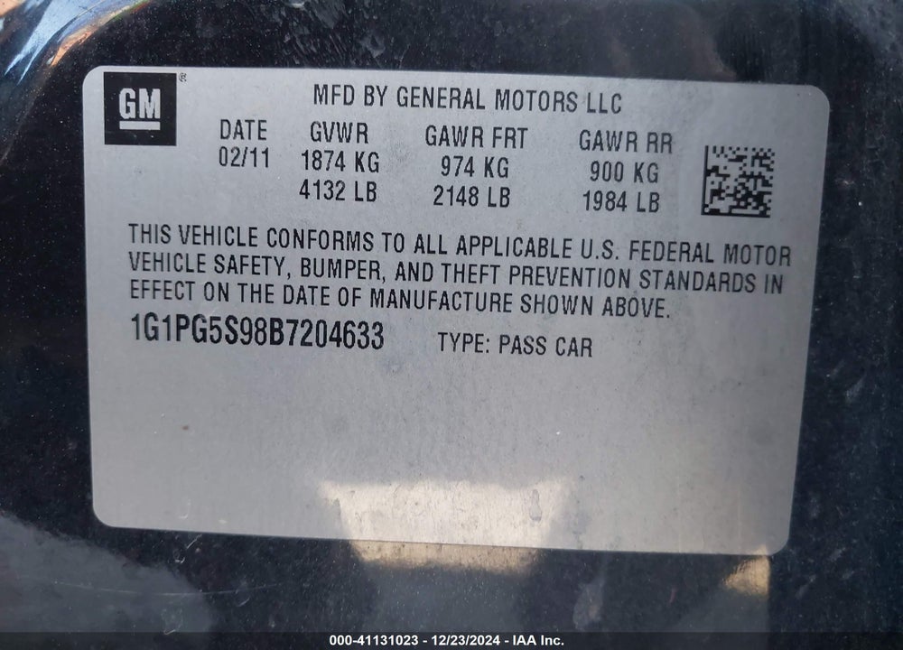 2011 CHEVROLET CRUZE VIN: 1G1PG5S98B7204633