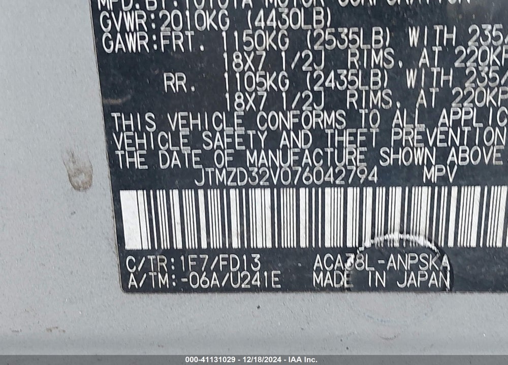 2007 TOYOTA RAV4 SPORT VIN: JTMZD32V076042794