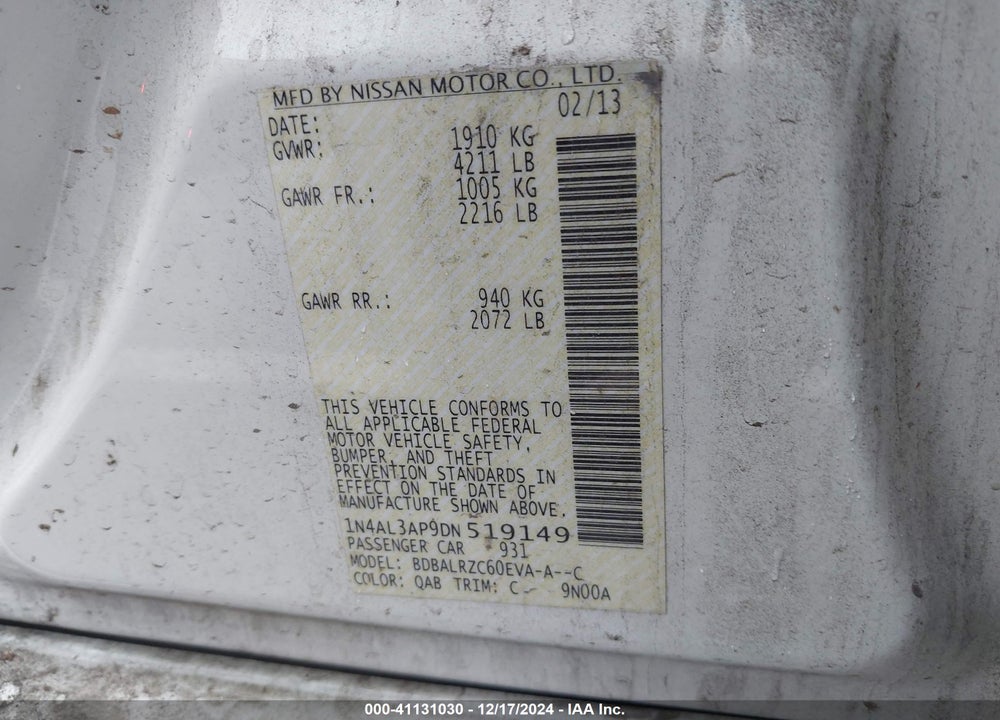 2013 NISSAN ALTIMA 2.5 S VIN: 1N4AL3AP9DN519149