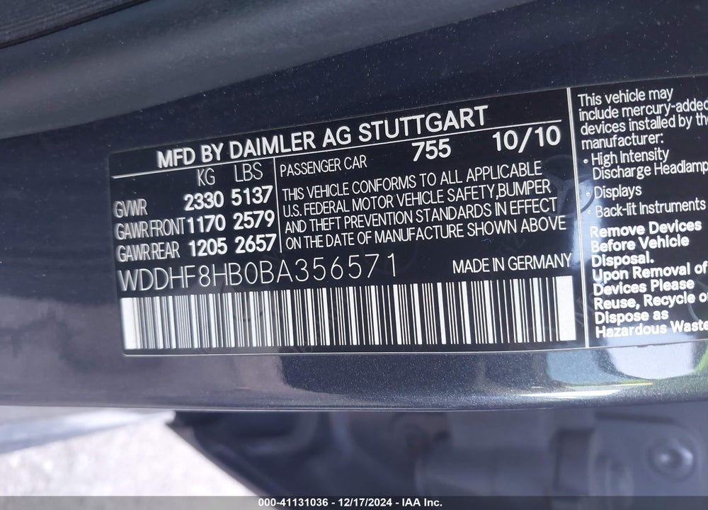 2011 MERCEDES-BENZ E 350 4MATIC VIN: WDDHF8HB0BA356571