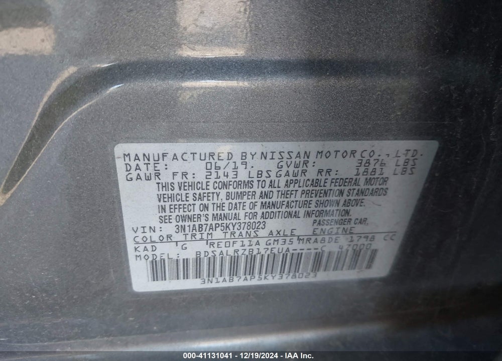 2019 NISSAN SENTRA SR VIN: 3N1AB7AP5KY378023